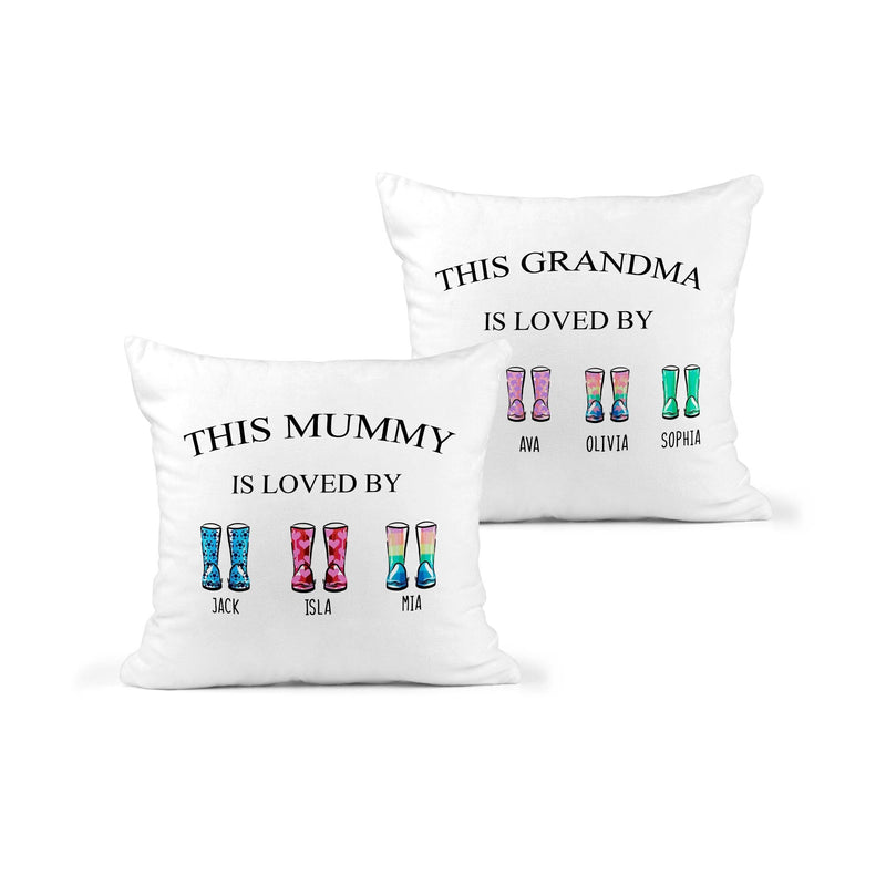 Personalised Nanny Is Loved by Cushion showing the visible cushion artwork front view