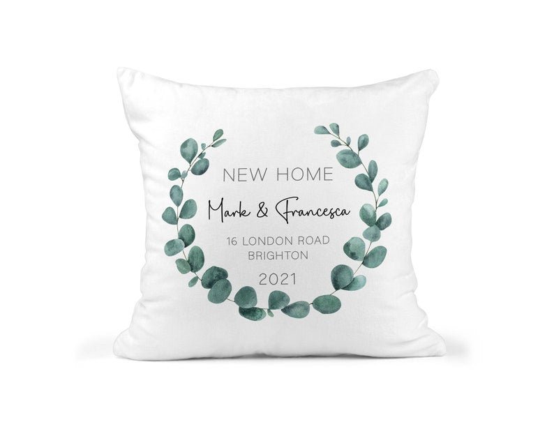 Personalised New Home Eucalyptus Cushion showing a new home design front view
