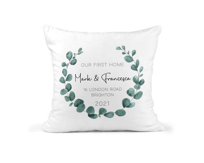 Personalised First Home Eucalyptus Cushion showing a new home design front view