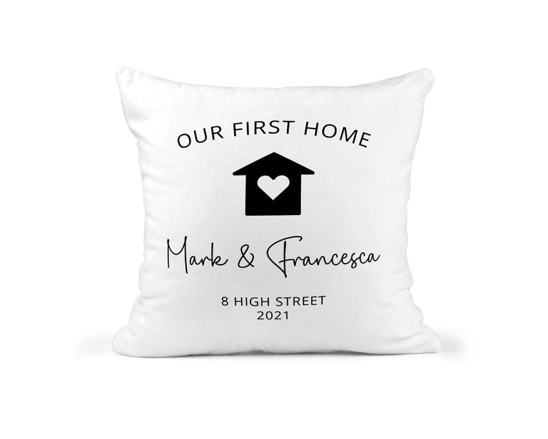 Personalised First Home Heart Cushion showing a new home design front view