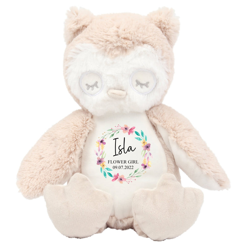 Personalised Owl Soft Toy for Flower Girl with Name showing Flower Girl