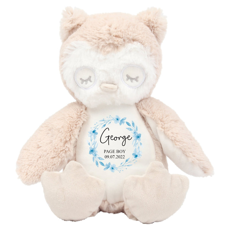 Personalised Owl Soft Toy for Page Boy with Name and Date showing Page Boy