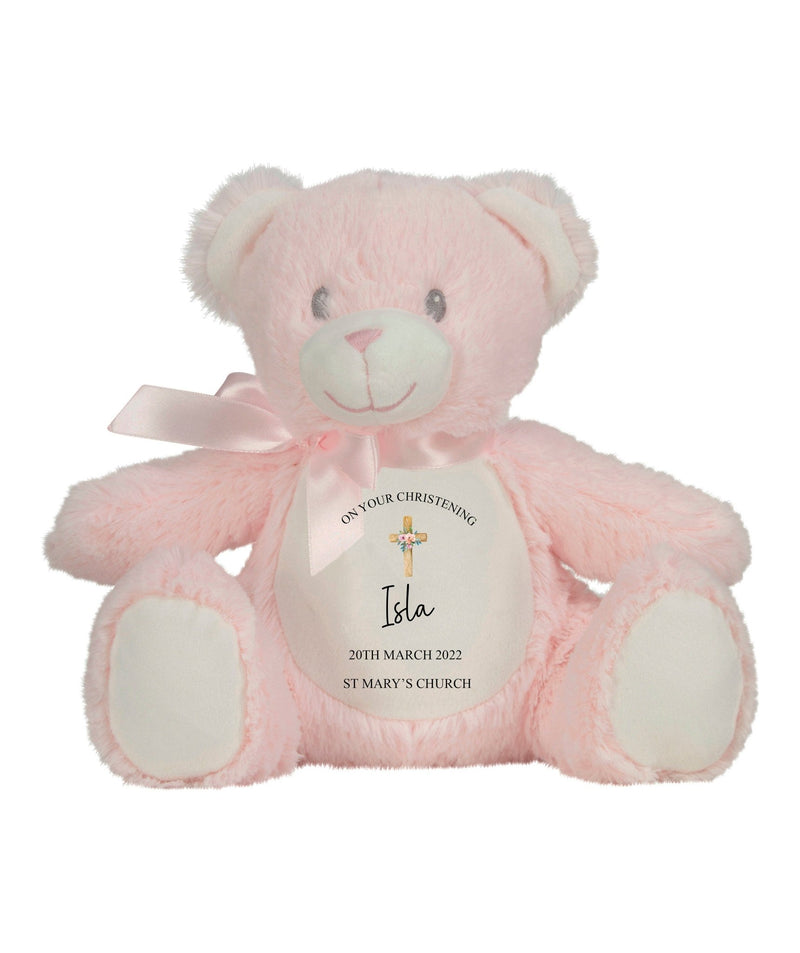 Personalised Pink Teddy Bear Cross Christening Soft Toy with Name and Date showing cross Christening