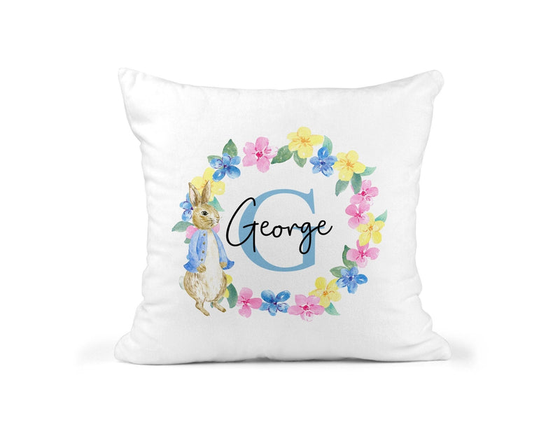 Personalised Blue Rabbit Cushion with Initial showing a soft rabbit design front view