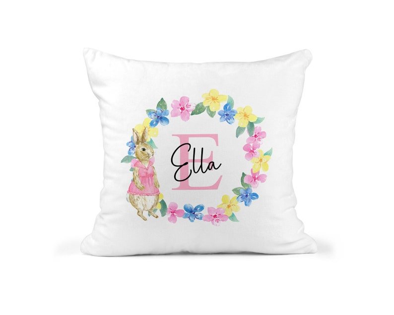 Personalised Pink Rabbit Cushion with Initial showing a soft rabbit design front view