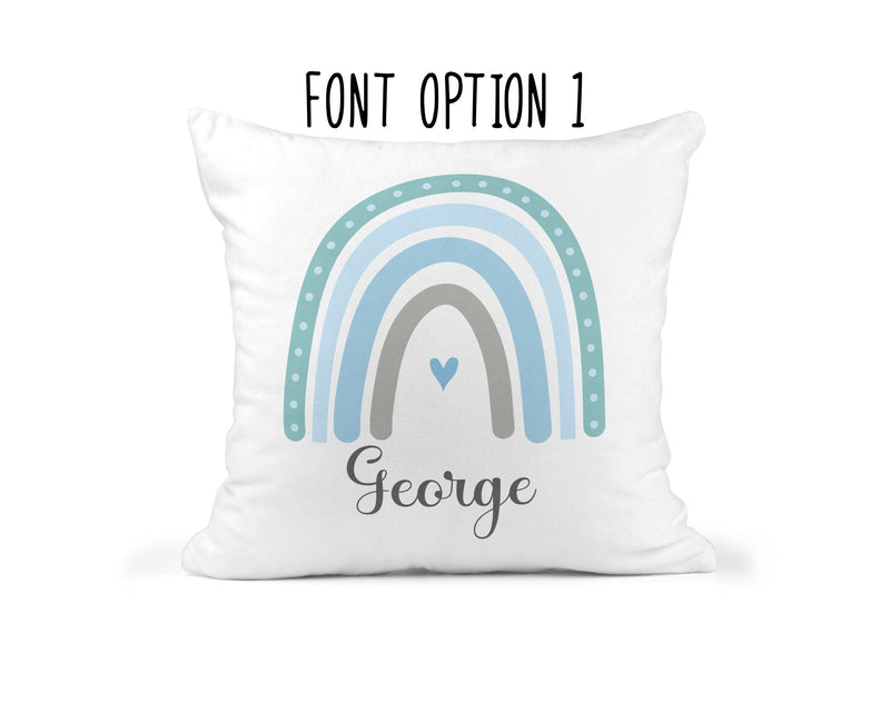 Personalised Rainbow Cushion with Name showing bright rainbow artwork personalisation view