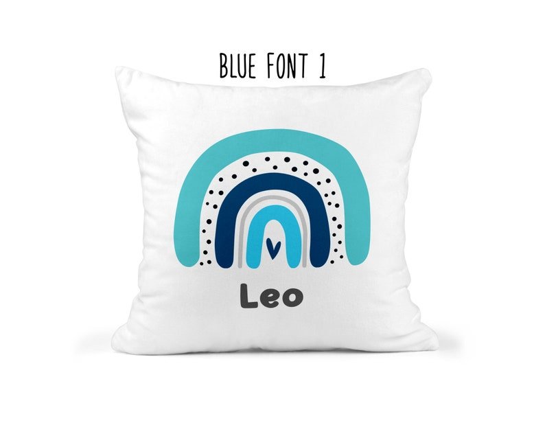 Personalised Modern Rainbow Cushion with Names showing bright rainbow artwork personalisation view