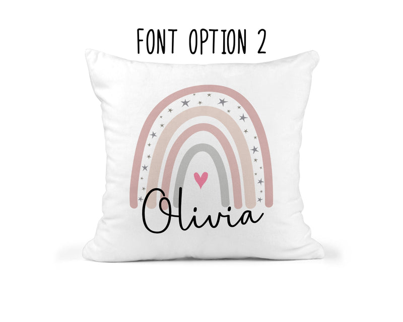Personalised Rainbow Cushion with Name showing bright rainbow artwork styled view