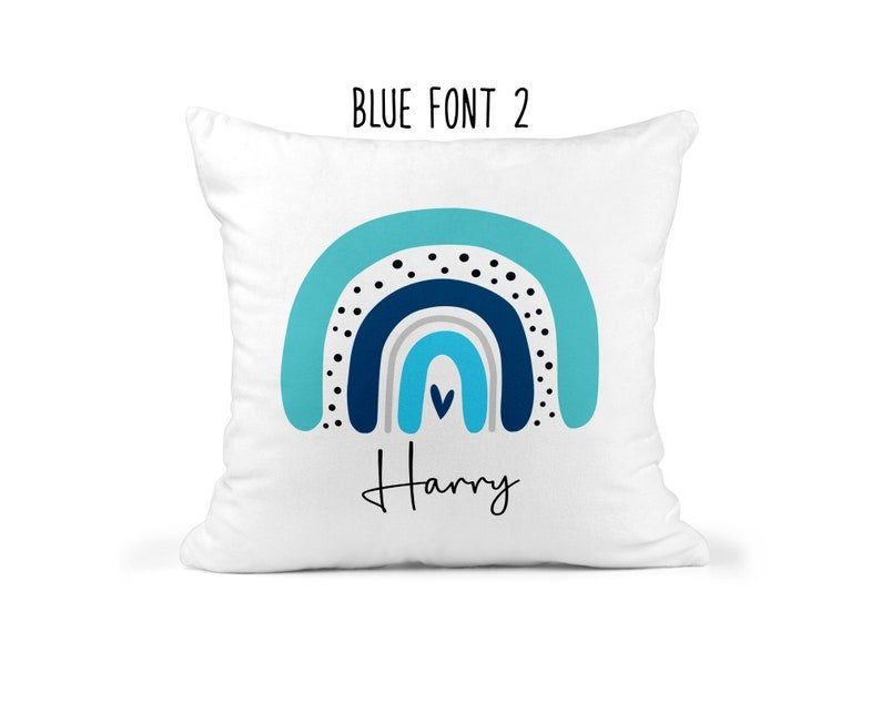 Personalised Modern Rainbow Cushion with Names showing bright rainbow artwork alternate view