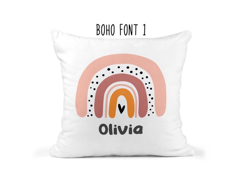 Personalised Modern Rainbow Cushion with Names showing bright rainbow artwork styled view
