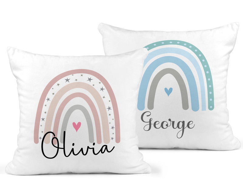 Personalised Rainbow Cushion with Name showing bright rainbow artwork front view