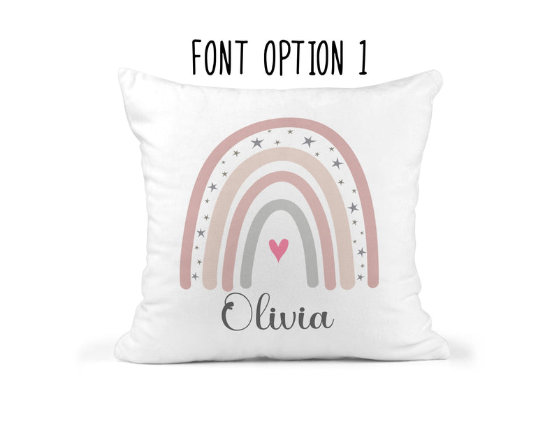 Personalised Rainbow Cushion with Name showing bright rainbow artwork detail view