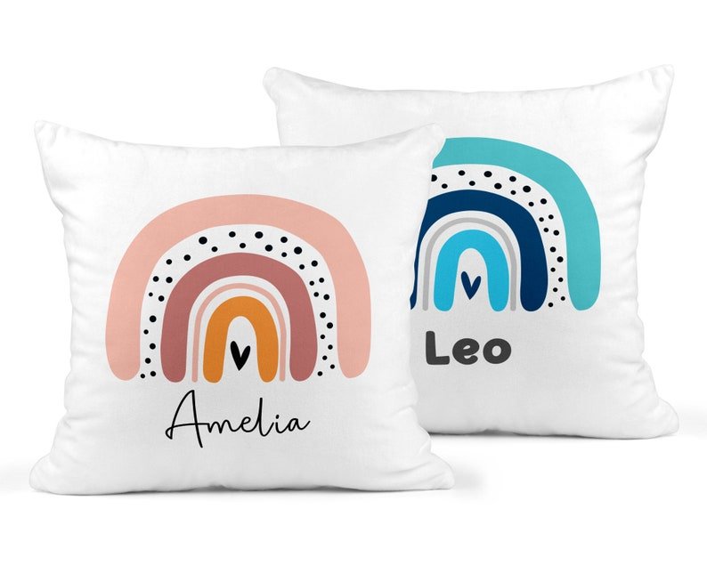 Personalised Modern Rainbow Cushion with Names showing bright rainbow artwork front view