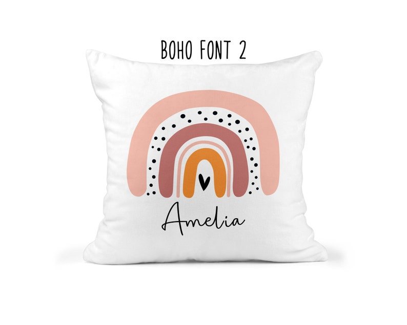 Personalised Modern Rainbow Cushion with Names showing bright rainbow artwork detail view