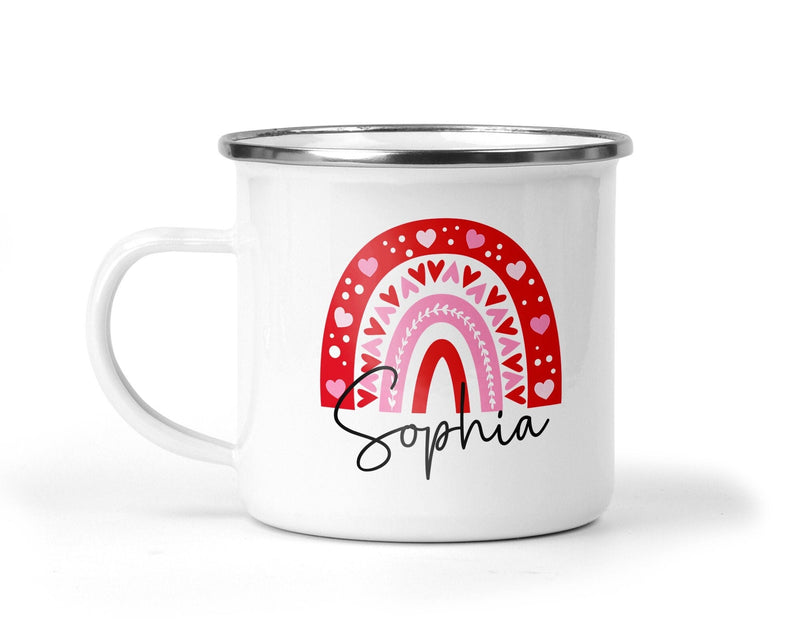 Personalised Rainbow Heart Enamel Mug with Name shown with printed design