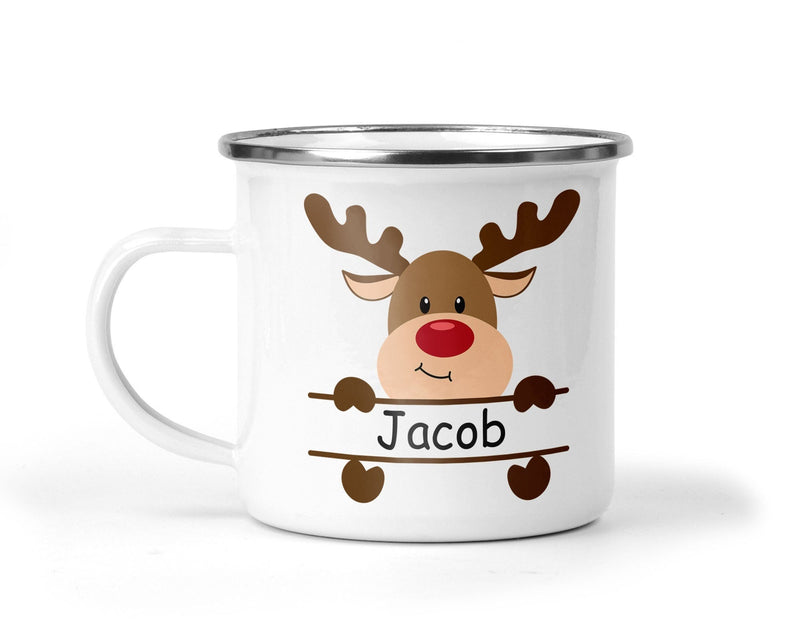 Personalised Reindeer Christmas Enamel Mug with Name shown with printed design