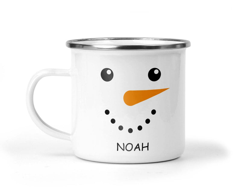 Personalised Snowman Face Enamel Mug with Name shown with printed design