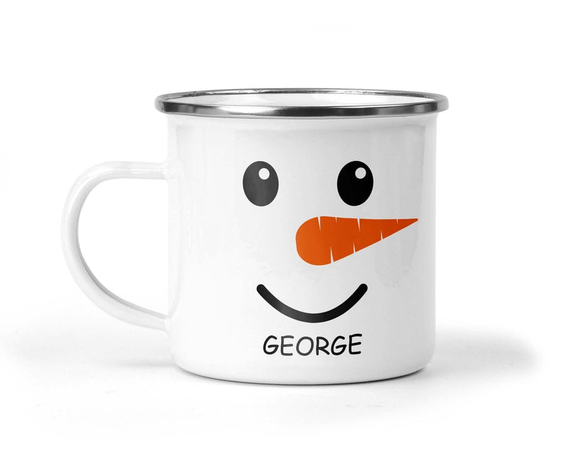 Personalised Snowman Enamel Mug with Name shown with printed design