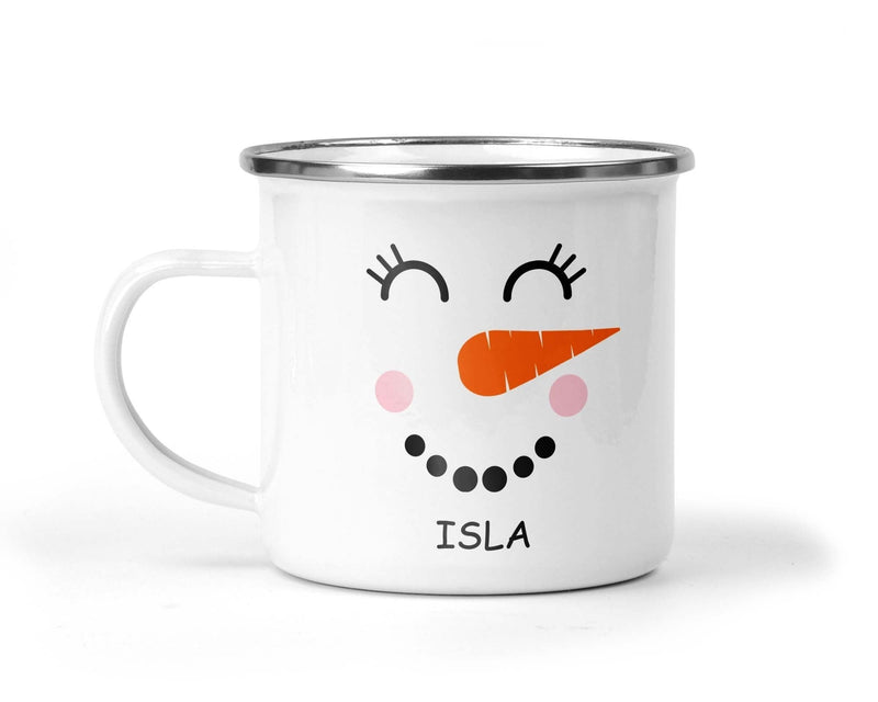 Personalised Snowwoman Face Enamel Mug with Name shown with printed design