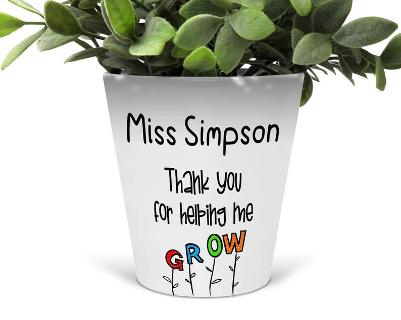 Personalised teacher thank-you ceramic flower pot with printed name