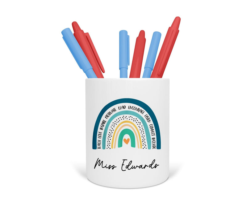 Personalised rainbow teacher ceramic pen pot with printed name