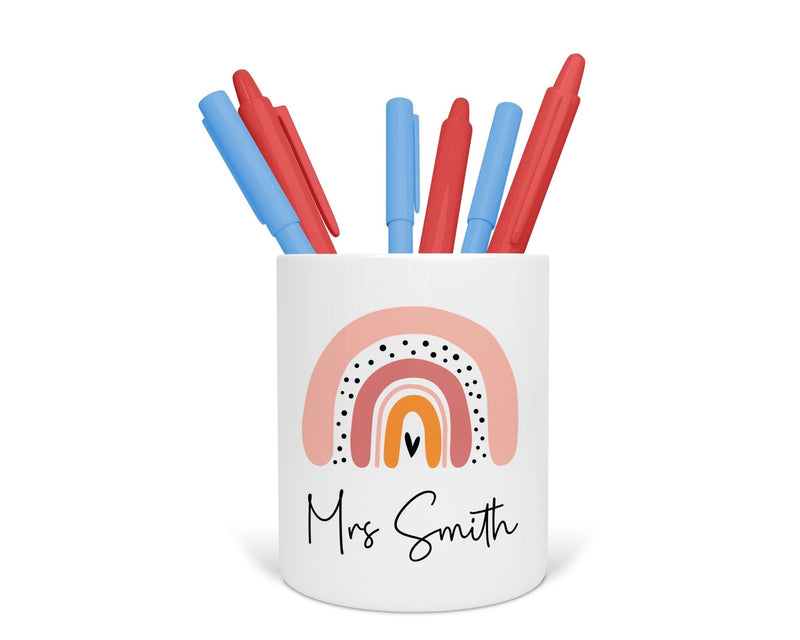Personalised teacher ceramic desk pen pot with rainbow design