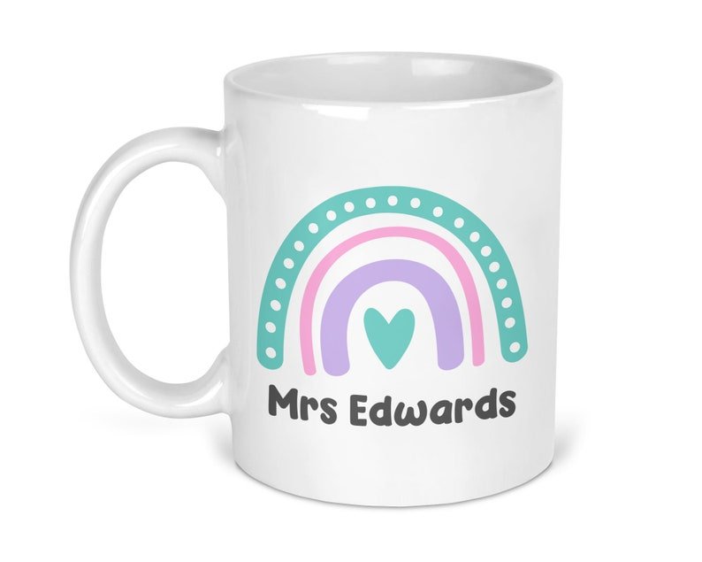 Personalised Teacher Rainbow Mug shown with printed design