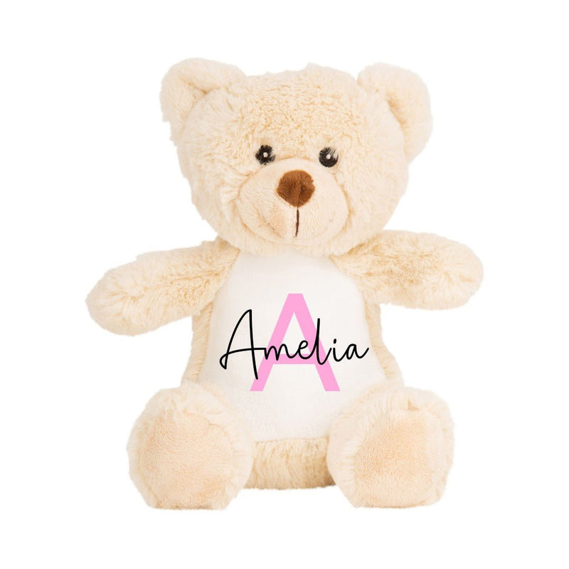 Personalised Brown Teddy Bear Christening Soft Toy with Name and Initial showing initial