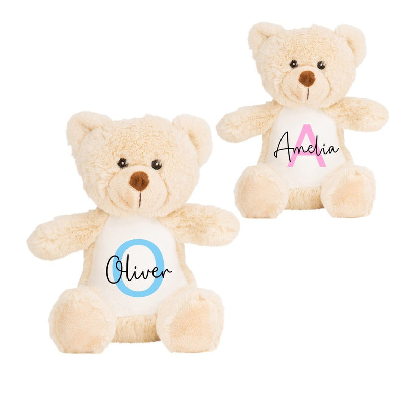 Personalised Brown Teddy Bear Christening Soft Toy with Name and Initial showing initial