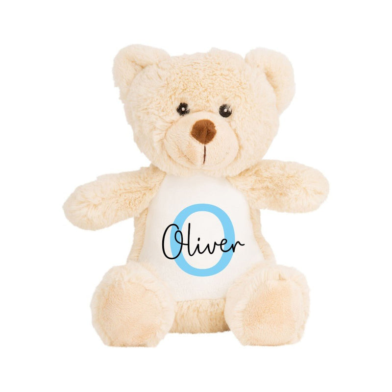 Personalised Brown Teddy Bear Christening Soft Toy with Name and Initial showing initial