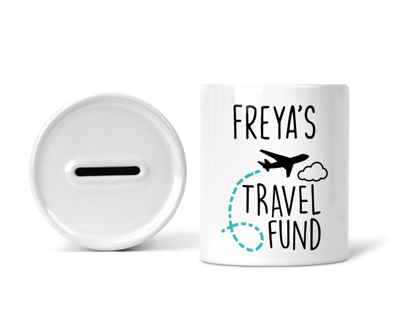 Personalised Travel Fund Money Box shown as a ceramic keepsake
