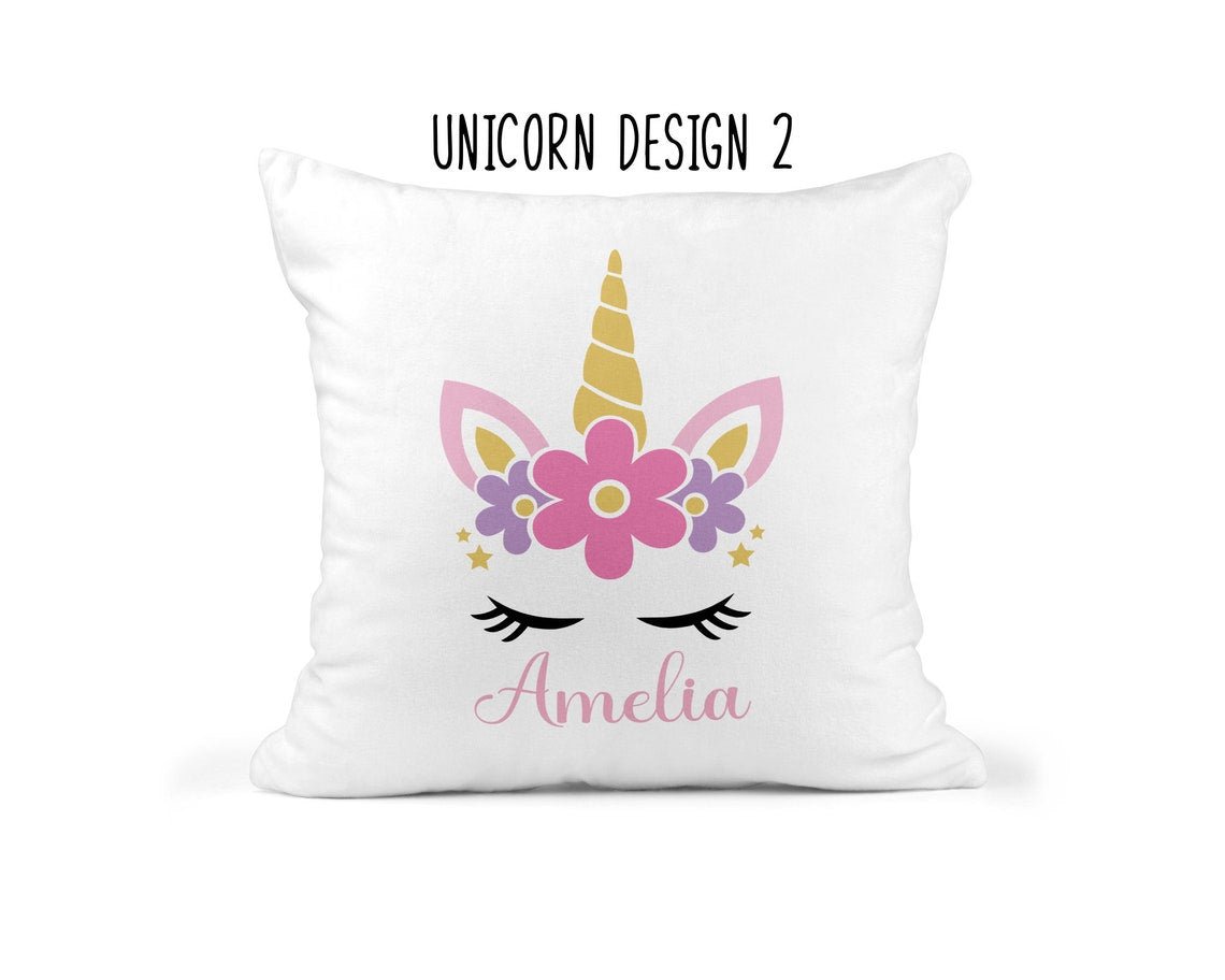 Personalised Unicorn Cushion with Name showing a playful unicorn design styled view