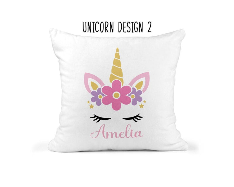 Personalised Unicorn Cushion with Name showing a playful unicorn design styled view