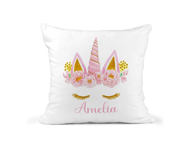 Personalised Unicorn Cushion with Name showing a playful unicorn design front view