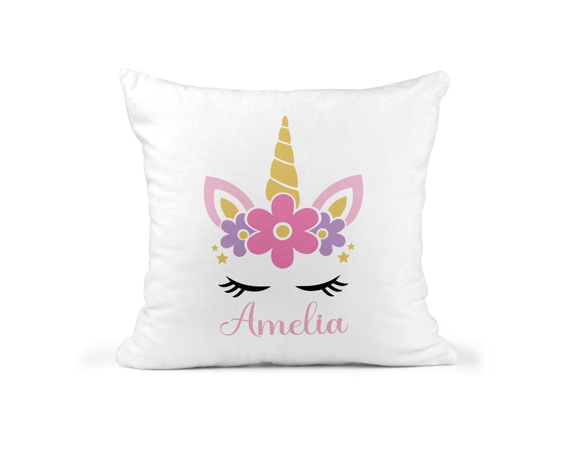 Personalised Unicorn Cushion with Name showing a playful unicorn design front view