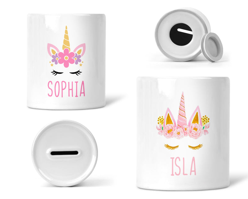 Personalised Unicorn Money Box with Name shown as a ceramic keepsake