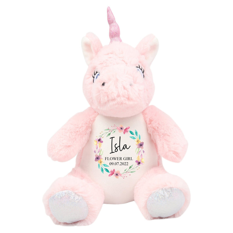 Personalised Unicorn Soft Toy for Flower Girl with Name showing Flower Girl
