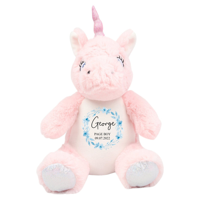 Personalised Unicorn Soft Toy for Page Boy with name and date