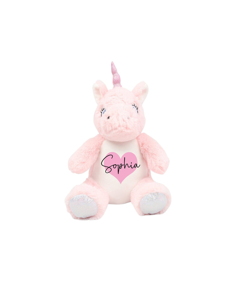 Personalised Unicorn Heart Soft Toy with Name showing unicorn