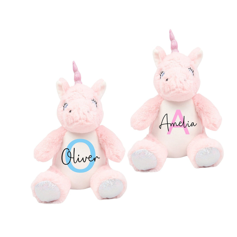 Personalised Blue Unicorn Christening Soft Toy with Name and Initial showing initial