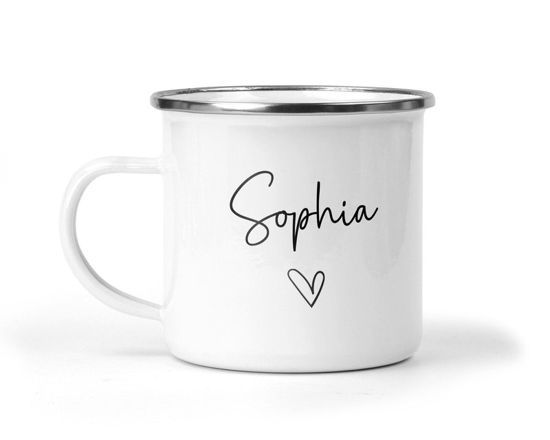 Personalised Valentine's Enamel Mug - Custom Name and Heart Design shown with printed design