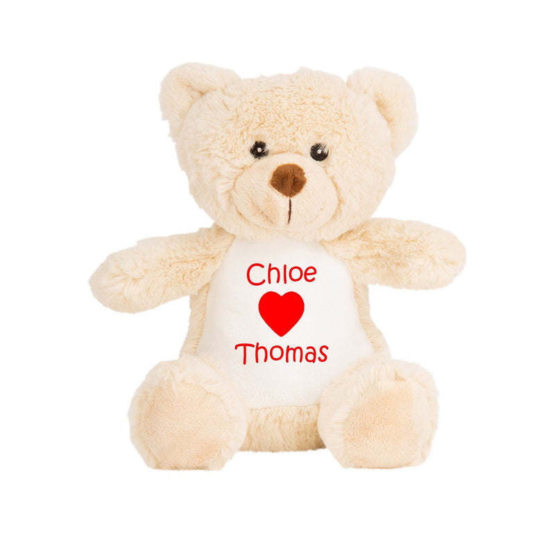 Personalised Teddy Bear Valentine Soft Toy with Names showing two-name heart