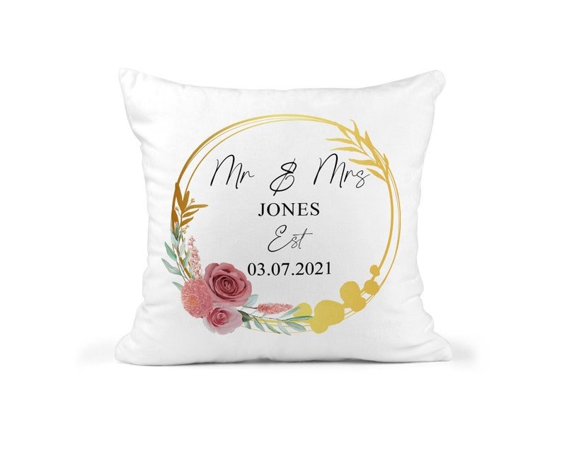 Personalised Gold Wedding Circle Cushion showing a wedding keepsake design front view