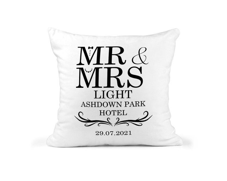 Personalised Wedding Venue Cushion with Date showing a wedding keepsake design front view