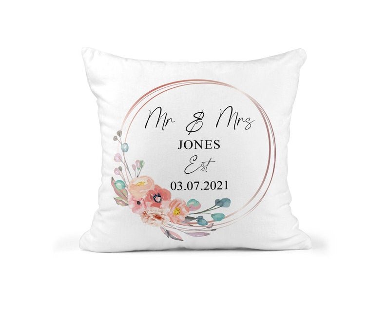 Personalised Rose Gold Wedding Circle Cushion showing a wedding keepsake design front view