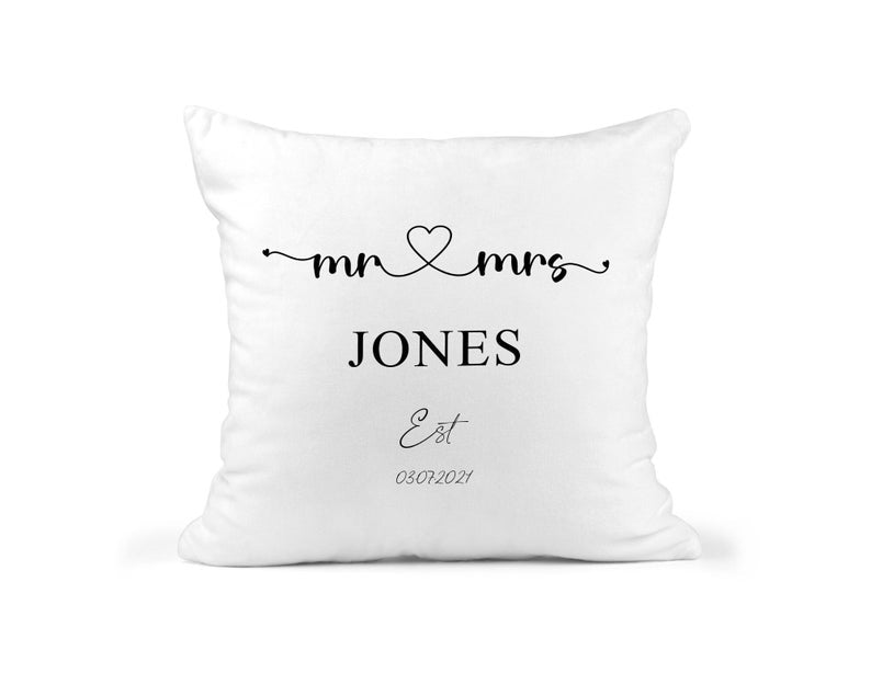 Personalised Wedding Heart Cushion with Date showing a wedding keepsake design front view
