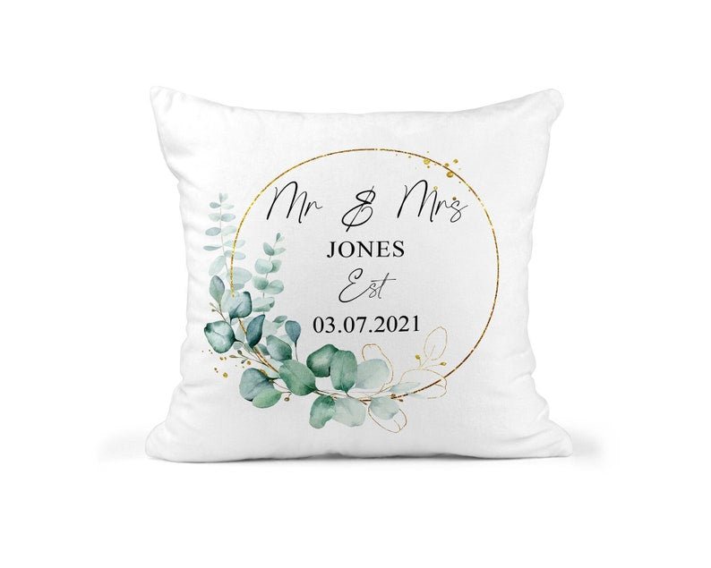 Personalised Gold Eucalyptus Wedding Cushion showing a wedding keepsake design front view