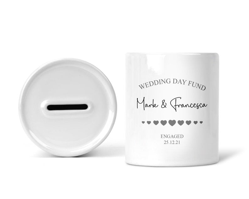 Personalised Wedding Fund Hearts Money Box shown as a ceramic keepsake
