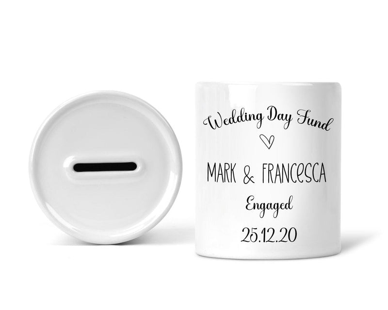 Personalised Wedding Fund Money Box shown as a ceramic keepsake