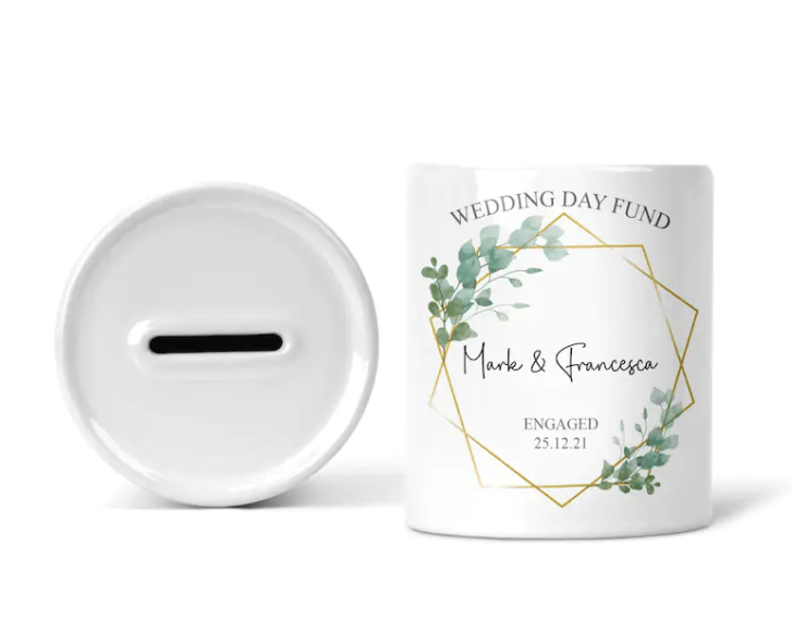 Personalised Wedding Fund Money Box with Eucalyptus Frame shown as a ceramic keepsake